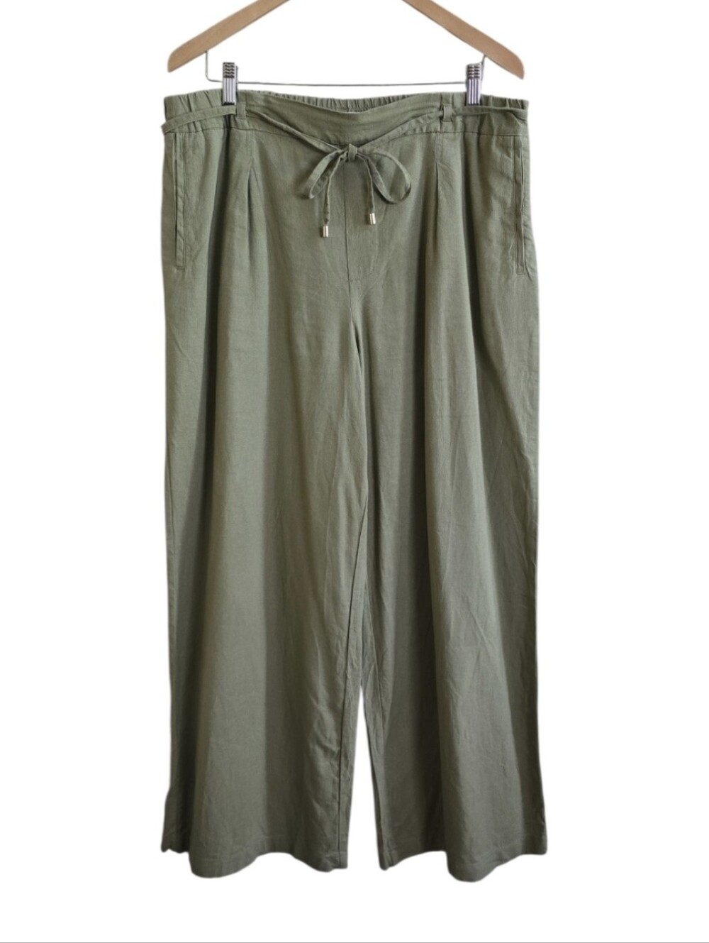 Zara Women's Sage Green Linen Blend Wide Leg Drawstring Stretch Pants. Size XL